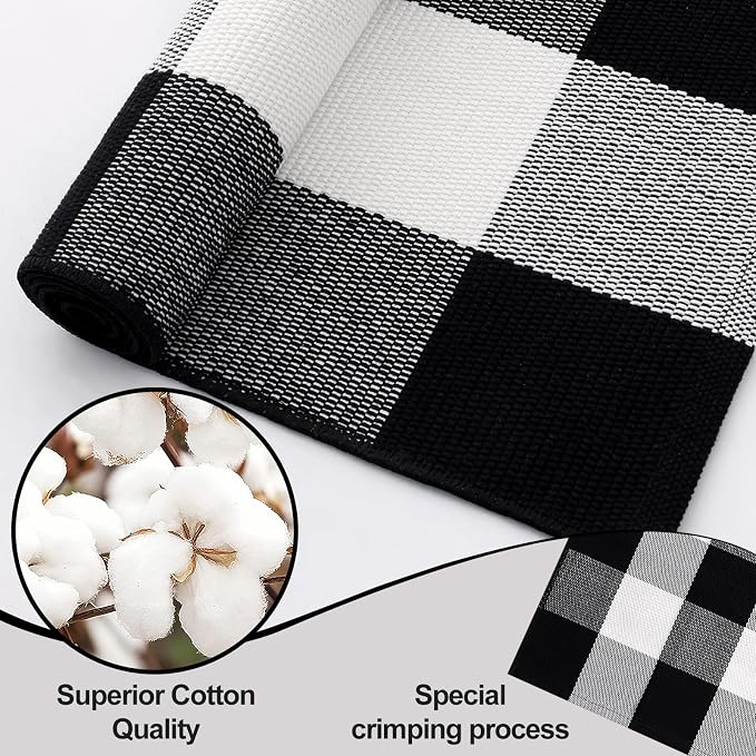 OLANLY Buffalo Plaid Rug 2' x 3' (24" x 36") – Black and White Cotton Checkered Doormat, Washable Indoor Outdoor Rug for Layered Front Porch, Kitchen, Entryway Decor
