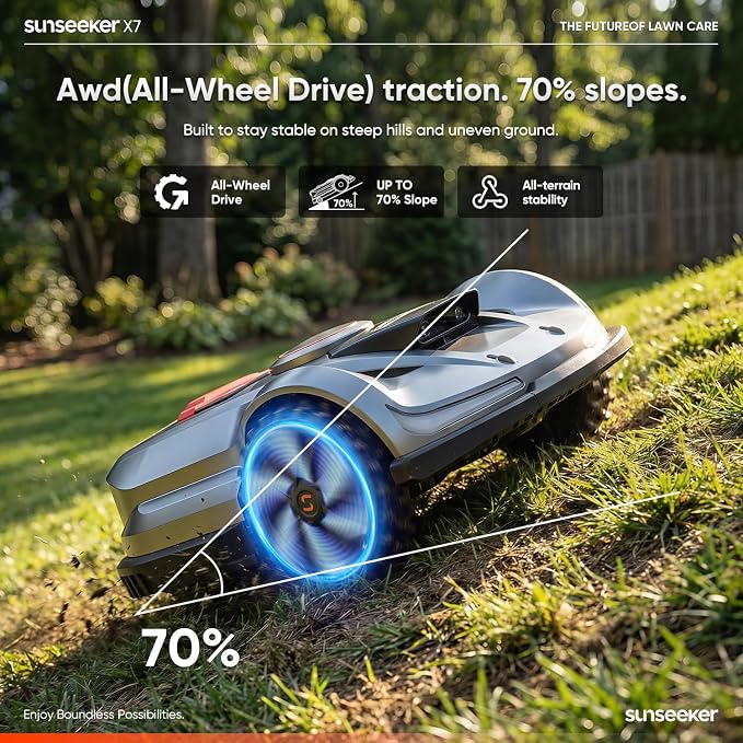 Sunseeker X7 AWD Robot Lawn Mower, RTK, Vision AI, 0.75 Acre, Wire-Free | Flagship AWD mowing for homeowners with large, challenging yards, steep slopes and uneven terrain.