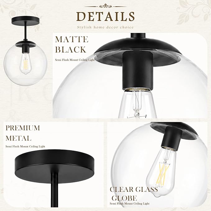 Globe Semi Flush Mount Ceiling Light Clear Glass Globe Ceiling Light Matte Black Finish Contemporary Mid Century Modern Style Lighting Fixture Hallway Living Room Kitchen Bedroom Storage (Bulb Incl.)