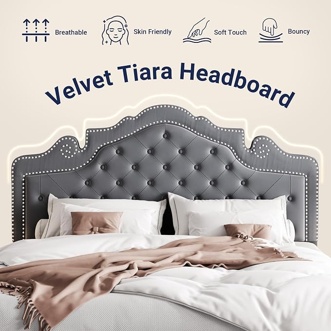 Allewie Full Size Bed Frame with Adjustable Velvet Tiara Headboard, Upholstered Diamond Button Tufted Platform Bed, Wood Slats Support, No Box Spring Needed, Light Grey