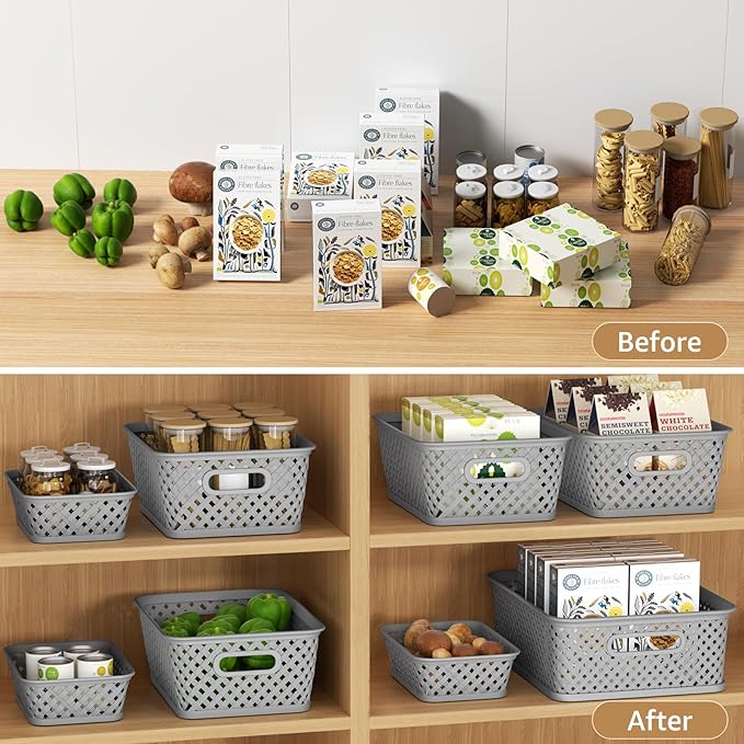 MaxGear 3 Pack Plastic Storage Baskets, Small, Grey | Durable Woven Plastic with Built-In Handles, Suitable for Shelves, Closets, Cabinets, Bathrooms and Offices