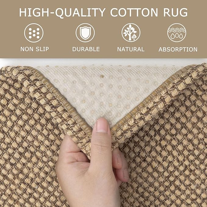 KOZYFLY Rugs for Entryway Sets of 2 Pcs 2x3 and 3x5 Washable Entry Rug Non Slip Rubber Backed Entrance Rugs Woven Cotton Doormat for Front Porch Laundry Kitchen Bedroom, Tan/Orange/Brown