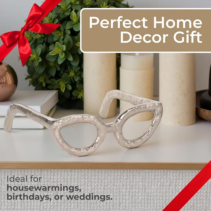 Cateye Glasses Decorative Object – Aluminum Sculpture Modern Home Decor Ornament – Shelf Styling & Coffee Table Decor for Bathroom, Office & Living Room – 7"x3", Silver