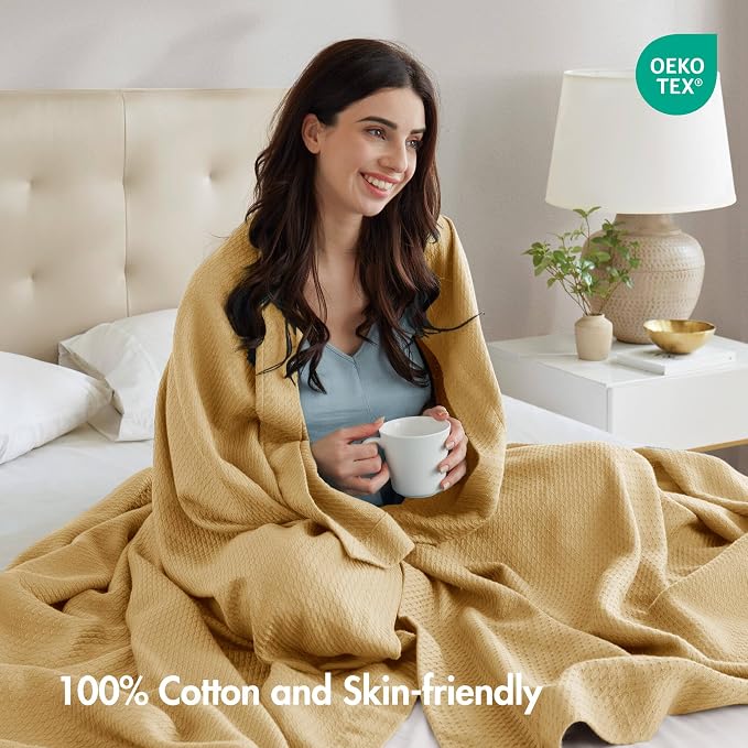 Madison Park 100% Egyptian Cotton Twin Size Bed Blanket for Summer Mustard | Cozy Soft Breathable Durable, Waffle Weave Woven Casual, Lightweight Knit All Season Throw for Bed Couch or Sofa, OEKO TEX
