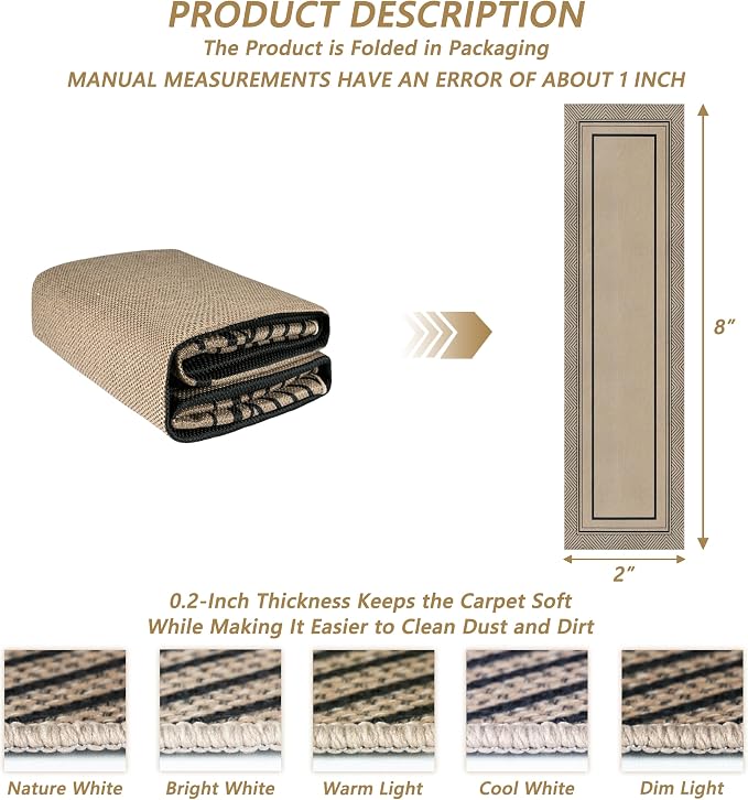 Capslpad 2x8 Hallway Area Rug, Faux Jute Geometry Line Entryway Rug, Farmhouse Washable Non-Slip Rubber Backing, Stain Resistant Low Pile Runners for Hallways, Kitchen, Bedroom, Laundry, Black