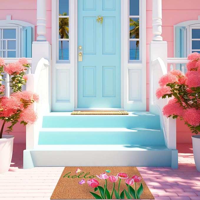 Ceenna Spring Welcome Coir Doormat Outdoor Hello Spring Front Door Mat Tulip Butterfly Coir Doormat with Non Slip Backing February Romantic Mat Front Porch Rugs for Home Entrance, 16 x 28 Inches