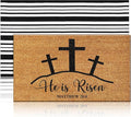 Moucuny 2 Pcs Easter Coir Doormat Outdoor Mat He is Risen Welcome Door Rug Layered Black and White Stripe Rug Coir Easter Mat for Outdoor Front Porch Entryway Decor