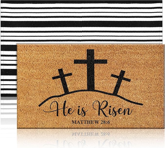 Moucuny 2 Pcs Easter Coir Doormat Outdoor Mat He is Risen Welcome Door Rug Layered Black and White Stripe Rug Coir Easter Mat for Outdoor Front Porch Entryway Decor