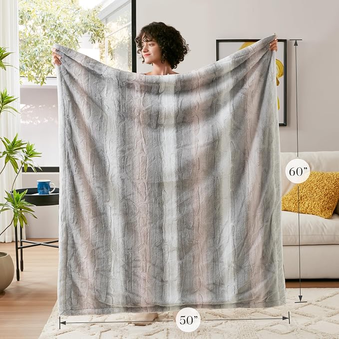 Madison Park Zuri Faux Fur Reversible Throw Blanket, 50 x 60 in, Blush/Grey | Soft Plush, Luxury, Animal Stripes, Mink Reverse, Modern, All Season, for Bed Sofa Couch, OEKO-TEX Certified