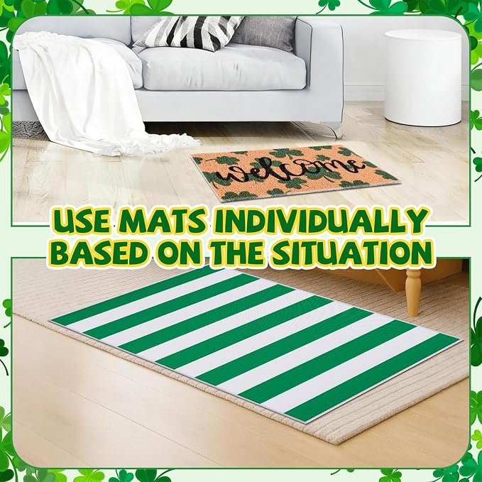 2 Pcs St. Patrick's Day Doormat Shamrock Pattern Welcome Door Mat Non Slip Coir Mat White & Green Striped Layering Mat for St. Patrick's Day Front Door Porch Entryway Decor 23.6 x 31.5 Inch