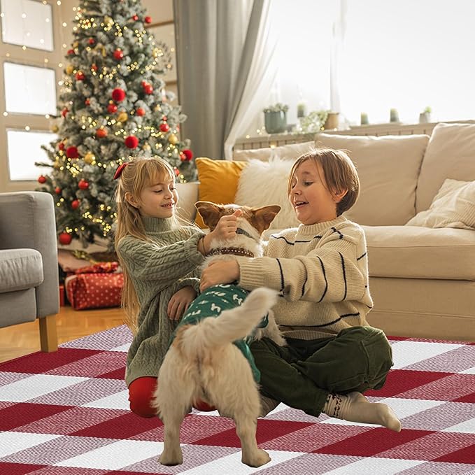 Buffalo Plaid Area Rug, Checkered Rug 3x5 Ft, Red and White Rug, Washable Cotton Mat for Front Porch, Entryway, Kitchen, Living Room, Christmas Decor