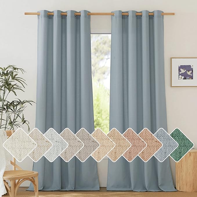 NICETOWN Stone Blue Linen Blend Textured Living Room Curtains, Grommet Top Thick Flax Semi Sheer Vertical Drapes Privacy Assured with Light Filtering for Bedroom, W55 x L84, 2 Pieces