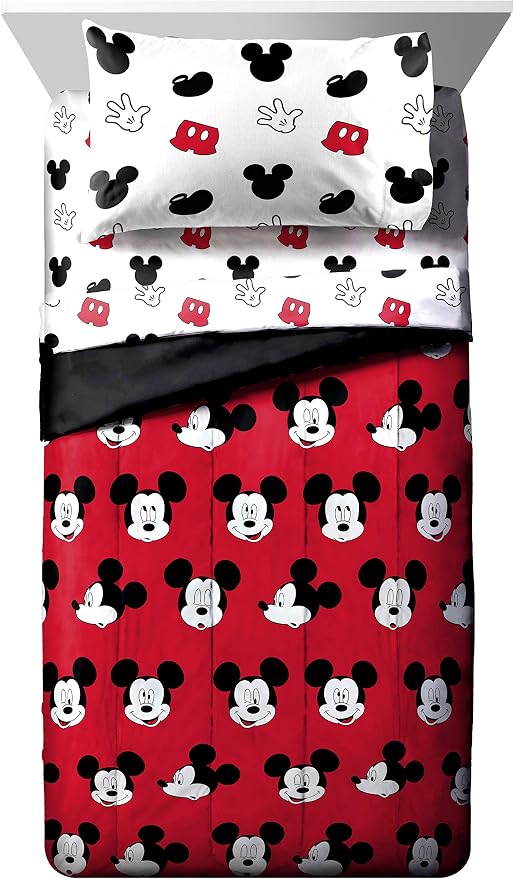 Disney Mickey Mouse Twin Comforter Set 4 Piece Kids Cartoon Bedding, Red | Bed in a Bag, Comforter Sheets Pillowcase, Official Product, Soft Microfiber, Machine Washable, Easy Care, Kids Gift