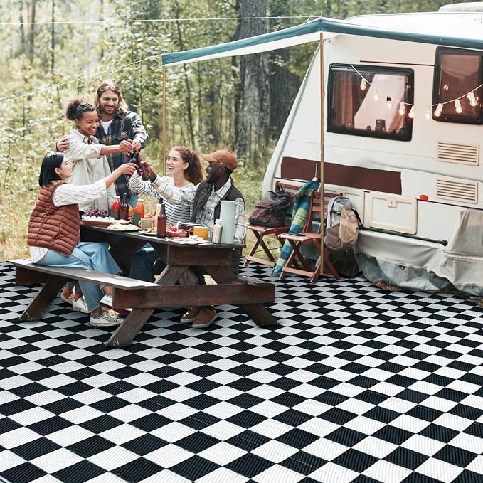 GOTGELIF Checkered RV Mat - 9x18FT, Reversible & Water-Resistance & Portable for RV Trips, Picnic, Camping, Outdoor, Garden, Patio - Black and White Checkered