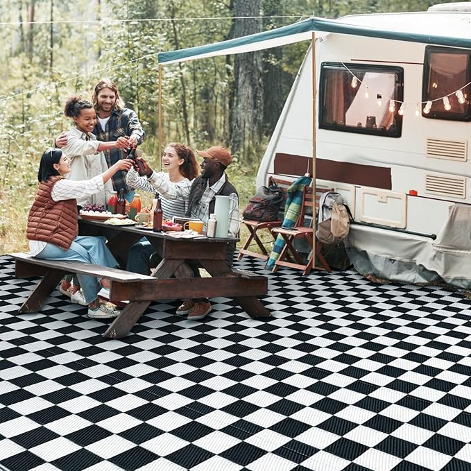 GOTGELIF Massive Outdoor Patio Rug - 9x12FT, Reversible & Water-Resistance & Portable for RV Trips, Picnic, Camping, Outdoor, Garden, Patio - Black and White Checkered