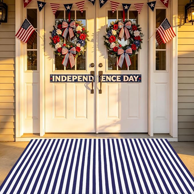 CAINANEL Blue and White Striped Rug 4th of July Door Mat 3' x 5' Summer Front Porch Rug Independence Day Welcome Doormats for Farmhouse Entrance Porch Outdoors Decor(Blue and White, 3' x 5')