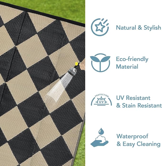 GarveeLife 9x18 Outdoor Rug for Patio Reversible, Plastic Straw Rug Waterproof Camping Rug Portable, Foldable Lightweight Mat for RV, Patio, Backyard, Deck, Picnic, Beach (Black/Offee)