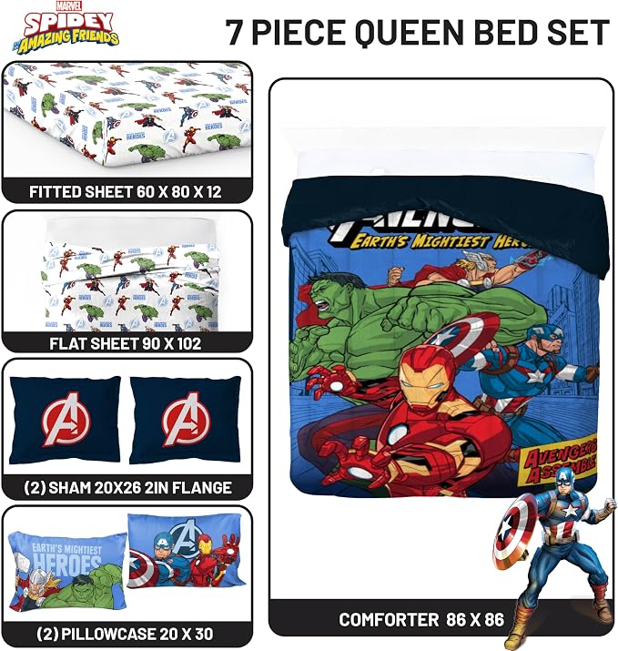 Jay Franco Kids Bed Set, Blue, Avengers, 7 Piece Queen | Cozy Soft Bedding for Stylish Room Décor with Comforter, Sheets & Pillow Covers
