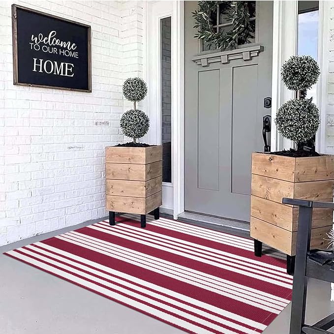 BUAGETUP Red and White Outdoor Rug 3'x 5' Hand-Woven Cotton Washable Rug Striped Front Porch Rug Indoor/Outdoor Area Rug Floor Mat for Farmhouse/Layered Door Mats/Living Room
