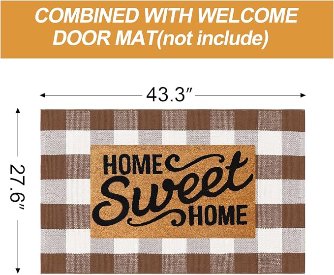 Collive Buffalo Plaid Checkered Outdoor Rug, Fall Autumn Decor Door Mat, 27.5x43 Inches Coffee and White Front Door Rug Outside Entrance, Washable Welcome Layered Doormat for Porch Entryway Patio