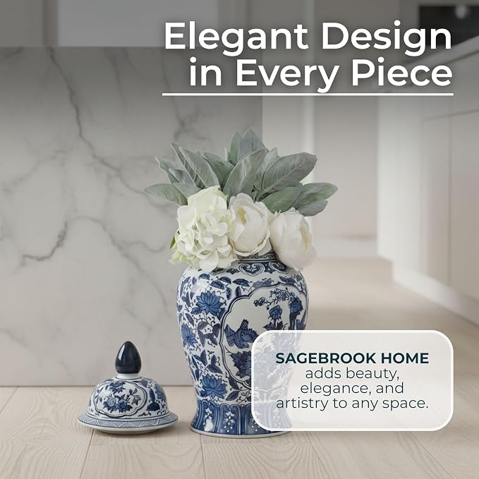 Sagebrook Home Novelty Ceramic Flowers Temple Jars, Vases, Elegant Storage Containers for Home Decor and Kitchen Interior Design, 18.0" H, Blue (16417)