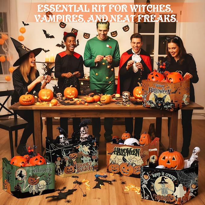 Bucherry 6 Pack Vintage Halloween Storage Basket Spooky Gifts Canvas Bins | Collapsible with Handles, Skull Bat Ghost Pumpkin Witch Designs, Gift Basket, Canvas Organizer for Home Office Closet Shelf