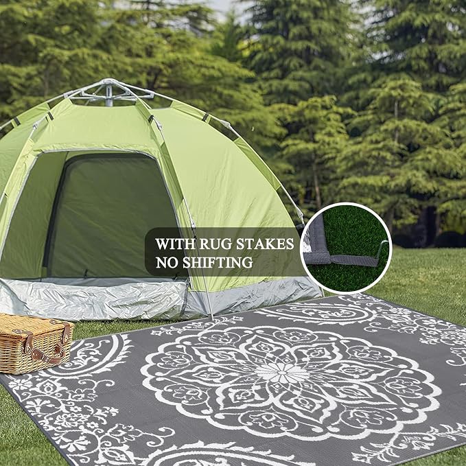 Pauwer Outdoor Rug 9x12, Waterproof Plastic Straw Camping Rug, Boho Grey | Reversible Patio Rug, UV Resistant Indoor Outdoor RV Mat Carpet For Deck, Camper, Porch, Balcony, Backyard, Picnic, Foldable
