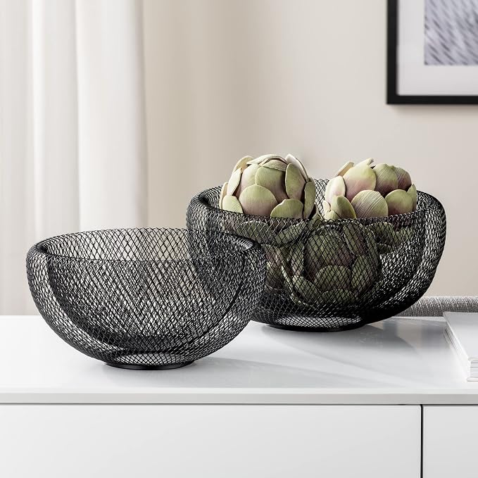 Torre & Tagus 11 Inch Black Double Wall Wire Mesh Metal Decorative Bowl, Modern Fruit Bowl Basket for Kitchen Island, Dining Room Table, Entryway Console, Great Room Accent Table, Home Office Decor