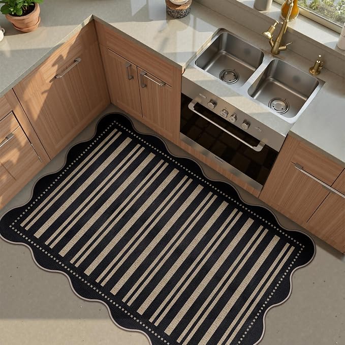 Striped Easy Jute Front Door Mat, 2.6x4 Washable Entryway Rug Non Slip Small Kitchen Rug, Farmhouse Low Pile Floor Scalloped Rugs for Bathroom Porch Doorway