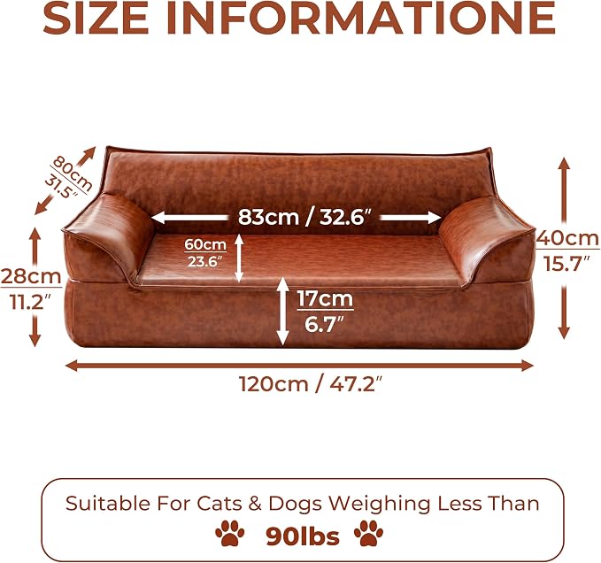 X-Large Leather Dog Bed Couch for Large Dogs Under 90 lbs, Brown Luxurious Vintage Elevated Dog Sofa Chaise Indoor Furniture Style Pet Supplies Low Maintenance
