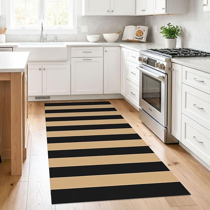 KILOCOCO Striped Rug 3x5 ft Washable Front Door Outdoor Rug, Brown Black | Cotton Layered Doormats, Washable Front Porch Rug, Woven Low Pile Welcome Mat for Kitchen Entryway Farmhouse Patio