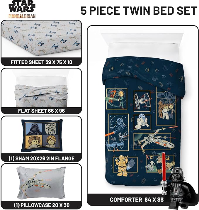 LEGO® Star Wars Twin Comforter Set 5 Piece Soft Kids Bedding, Blue | Darth Vader R2D2, Comforter Sheets Sham Pillowcase, Official Product, Soft Microfiber, Machine Washable, Easy Care, Kids Gift
