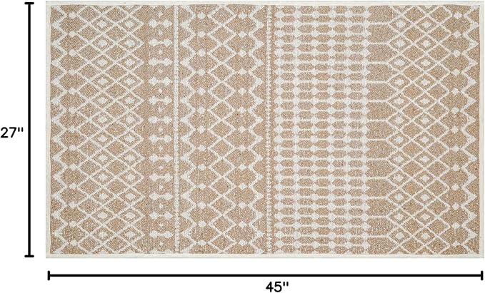 THE BEER VALLEY Moroccan Kitchen Runner Rug 27x45 Inch - Beige | Non Slip Cotton Woven Rugs for Laundry Room, Washable Boho Outdoor Area Runners