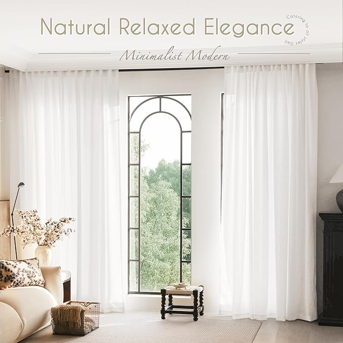 Extra Long White Curtain 108 inches Long 2 Panels Set Back Tab Light Filtering Cotton Textured Curtain Modern Farmhouse Coastal Decor Off White Linen Drapes 108 inch Length for Large Window 9 FT Tall