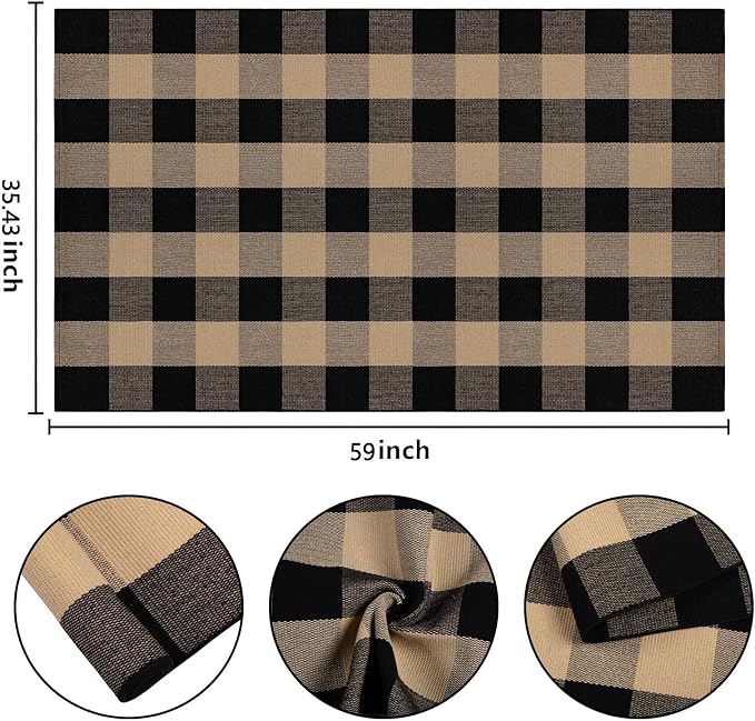 Washable Outdoor Rug 3'x5',Black and Tan Checkered Rug Cotton Woven Washable Farmhouse Front Door Mat Outdoor for Entryway,Patio,Bedroom,Hello Welcome Mat