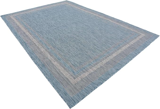 Unique Loom Outdoor Border Collection Area Rug - Soft Border (7' 1" x 10' Rectangle, Aquamarine/ Ivory)
