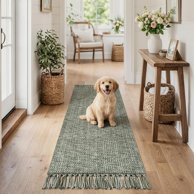 Collive Sage Green Bathroom Runner Rug, 2' x 5' Modern Farmhouse Kitchen Runner Rug Hand-Woven Entryway Rugs Runners for Hallway, Boho Washable Laundry Carpet Indoor Front Door Mat for Bedroom Decor