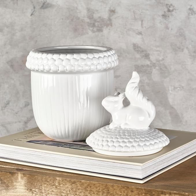 Elements White Squirrel Pinecone Ceramic Jar, 5.91x5.91x10.04 Inch