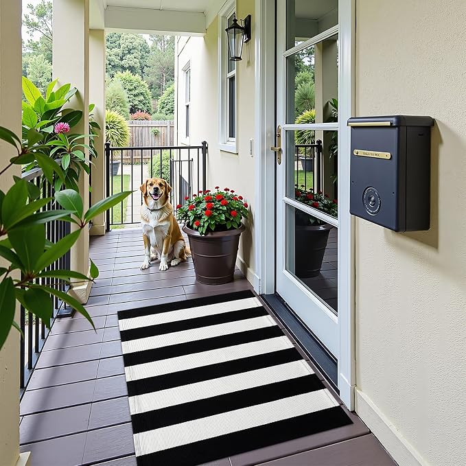 OLANLY Black and White Striped Rug 2' x 3' (24" x 36") – Washable Cotton Indoor Outdoor Doormat for Front Door, Entryway, Kitchen, Porch, Patio Decor