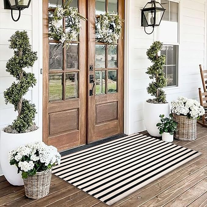 Black and White Striped Rugs, 3'x5' Area Rug Washable Indoor Outdoor Rug Front Porch Doormat Cotton Hand-Woven Farmhouse Layered Double Door Mats for Front Porch, Patio, Entryway, Laundry Room