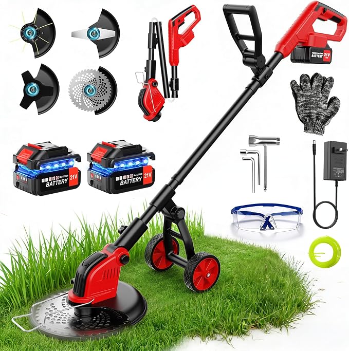 12-Inch Weed Wacker with Wheels, 2x3.0Ah 21V Battery Powered Weed Eater, Cordless Lawn Mower with 4 Types Blades, 20000RPM Electric Brush Cutter Grass Trimmer for Garden Yard