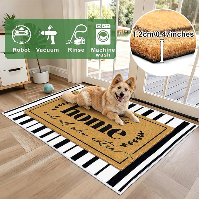2 Pcs Coir Door Mat Welcome Mats for Front Door Black White Striped Layering Rug for Porch Outdoor Entrance Doormats Non Slip God Bless Matt for Religious Gifts Christian Rugs for Patio 23.6"x35.4"