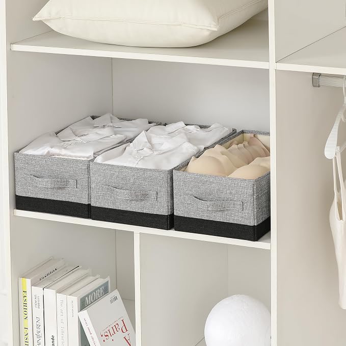 linen closet organizers and storage, 3 Pack Large Storage Baskets, Washable, Clothing Storage Bins with Handle, Closet Organizer for Storage Sweater,Sheets (gray black, 16"x9½"x6¾")