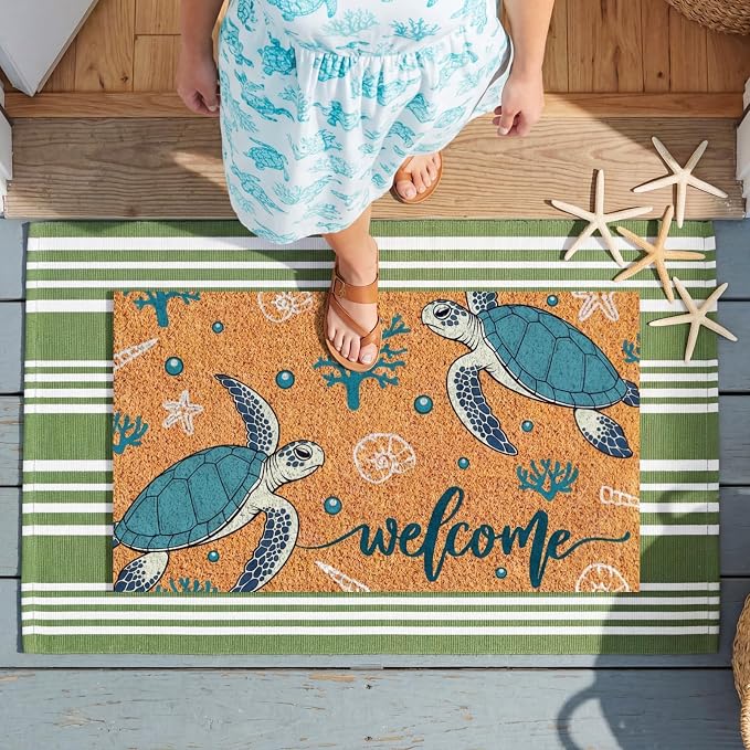 Moucuny 2 Pcs Summer Beach Coir Door Mat Coastal Sea Turtle Doormat 24'' x 35'' Green and White Striped Outdoor Rug 16'' x 28'' Ocean Beach Non Slip Seasonal Welcome Doormat for Porch Front Decor