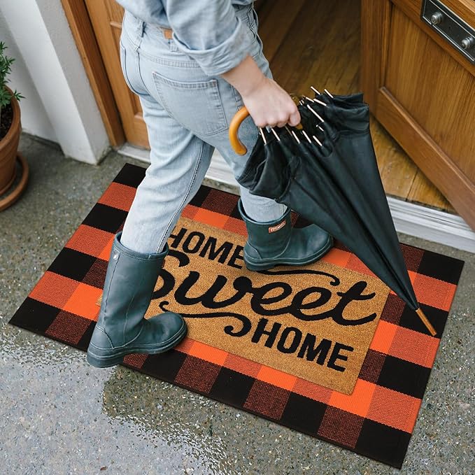 Collive 3x5 Buffalo Plaid Checkered Outdoor Rug, Black and Orange Halloween Fall Decor Door Mat, Washable Front Doormat Outside Entrance, Layered Welcome Mat Porch Cotton are Rugs for Entryway Patio