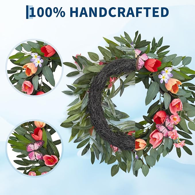 Garvee Spring Wreaths for Front Door, 20 Inch Tulip Wreath | with Colorful Blooms, Eucalyptus Leaves and Butterflies, for Summer Indoor Outdoor Farmhouse Porch Wall Wedding Decor