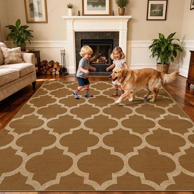 Washable 5x7 Moroccan Trellis Easy Jute Rug for Livingroom, Khaki Neutral Boho Outdoor Indoor Patio Large Area Rugs, Woven Ultra Thin Non Slip Carpet Mat for Backyard Kids Bedroom Classroom Playroom