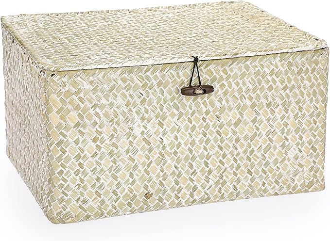 Hipiwe Wicker Shelf Baskets Bin with Lid, Large Seagrass Basket Storage Box | Handwoven Natural Baskets for Shelf Organizer, Rectangular Household Basket Boxes for Home Decor, Whitewash