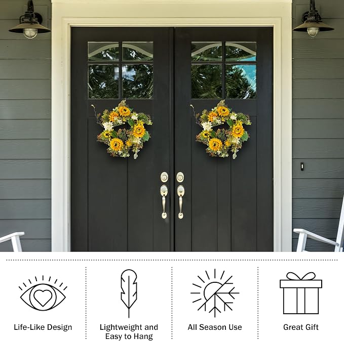Sunflower Wreaths - Set of Two 22-Inch Artificial Spring, Summer, or Fall Wreaths for Home Decor - Wreaths for Indoors or Covered Patio by Pure Garden