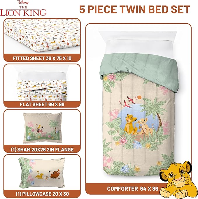 Disney Lion King Simba Twin Comforter Set 5 Piece Kids Bedding, Multi | Safari Animal, Comforter Sheets Sham Pillowcase, Official Brand, Soft Microfiber, Machine Washable, Easy Care, Kids Gift